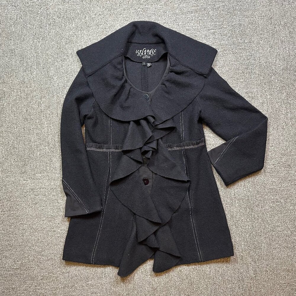 Icelandic Designs Mid Length Ruffle 100% Wool Black Coat in Womens Large